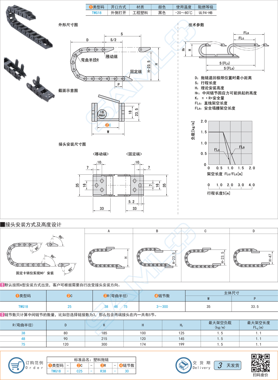 拖鏈-坦克鏈,內(nèi)高18外側(cè)打開型規(guī)格參數(shù)尺寸