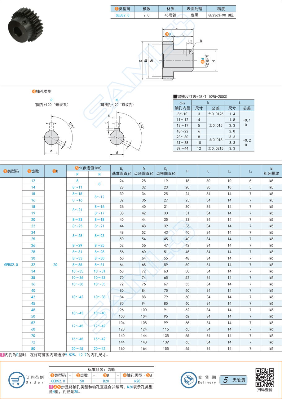 帶凸肩型直齒輪-壓力角20°模數(shù)2.0規(guī)格參數(shù)