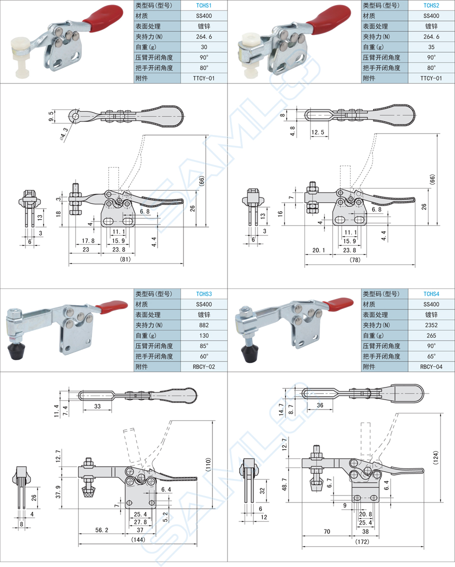 臥式把手型快速夾鉗-直底座型規(guī)格參數(shù)尺寸
