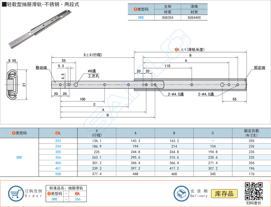 輕載型抽屜工業(yè)滑軌-不銹鋼兩段式導(dǎo)軌規(guī)格參數(shù)尺寸材質(zhì)