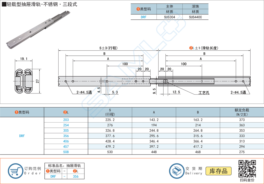 輕載型抽屜工業(yè)滑軌-不銹鋼三段式導軌規(guī)格參數(shù)尺寸材質(zhì)