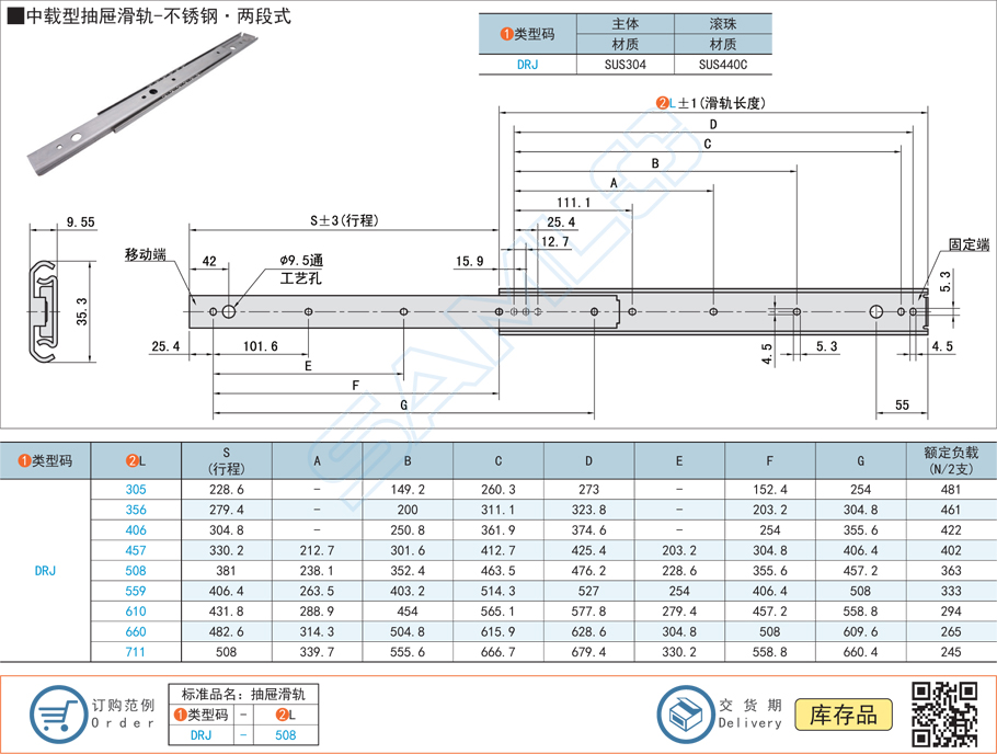 中載型抽屜滑軌-不銹鋼兩段式規(guī)格參數尺寸材質