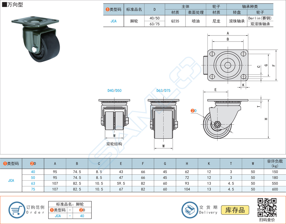 低重心重載腳輪-萬向型JCA規(guī)格參數(shù)尺寸材質(zhì)